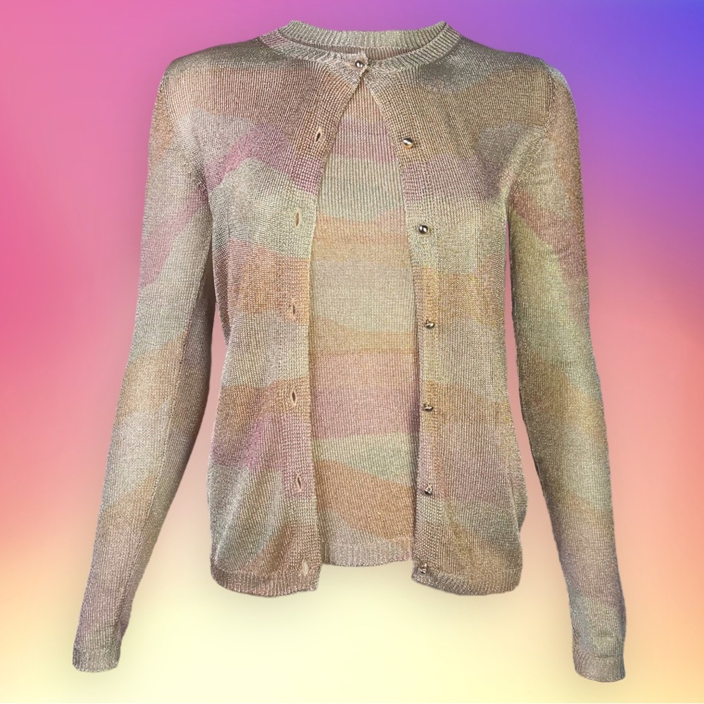 Christian Dior Striped Sleeveless Top + Cardigan Set Shiny Gold & Pink Lurex 36